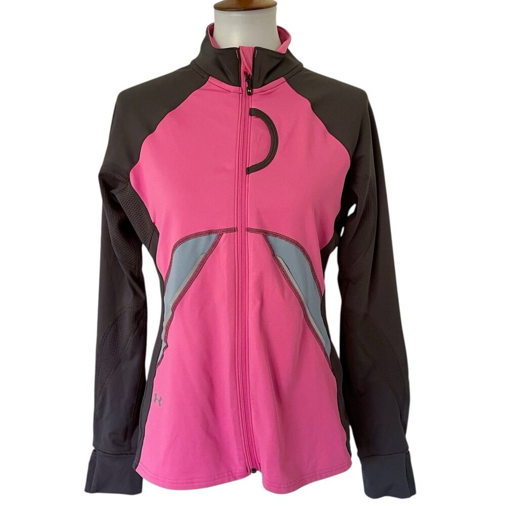 Under Armour Cold Gear Jacket Women Pink Gray Semi Fitted Full Zip Run Thumb M